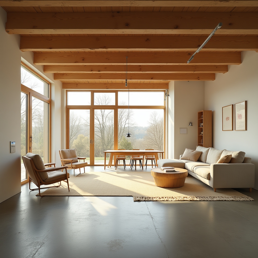 Světlý interiér pasivního domu s panoramatickými okny a dřevěnými prvky